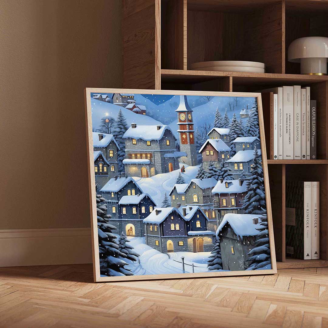 Winterdorp met sneeuw Poster