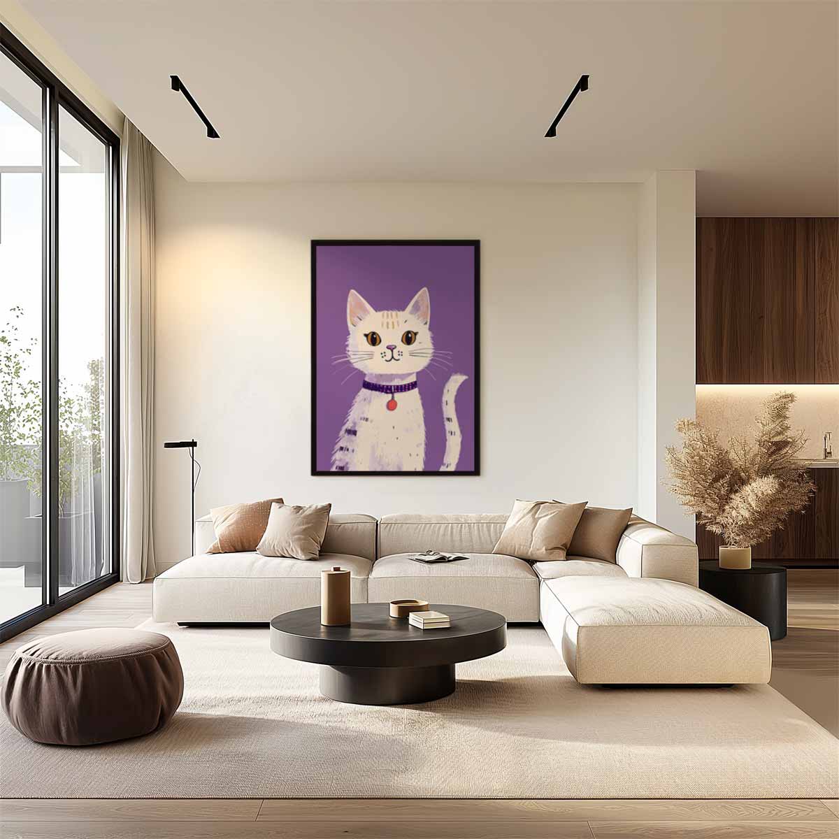 Speelse Kat op Paarse Achtergrond Kunstwerk-canvas-dibond-plexiglas-wanddecoratie-WallArtistic