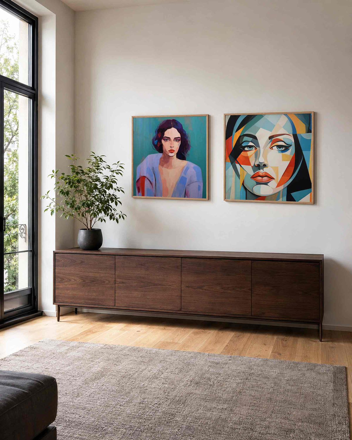 Interieurpresentatie van een tweedelige vierkante posterset met vrouwenportretten