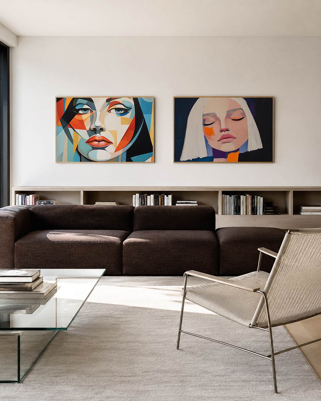 Tweedelige posterset met een gezicht opgebouwd uit kleurrijke vlakken en lijnen, getoond in een interieur