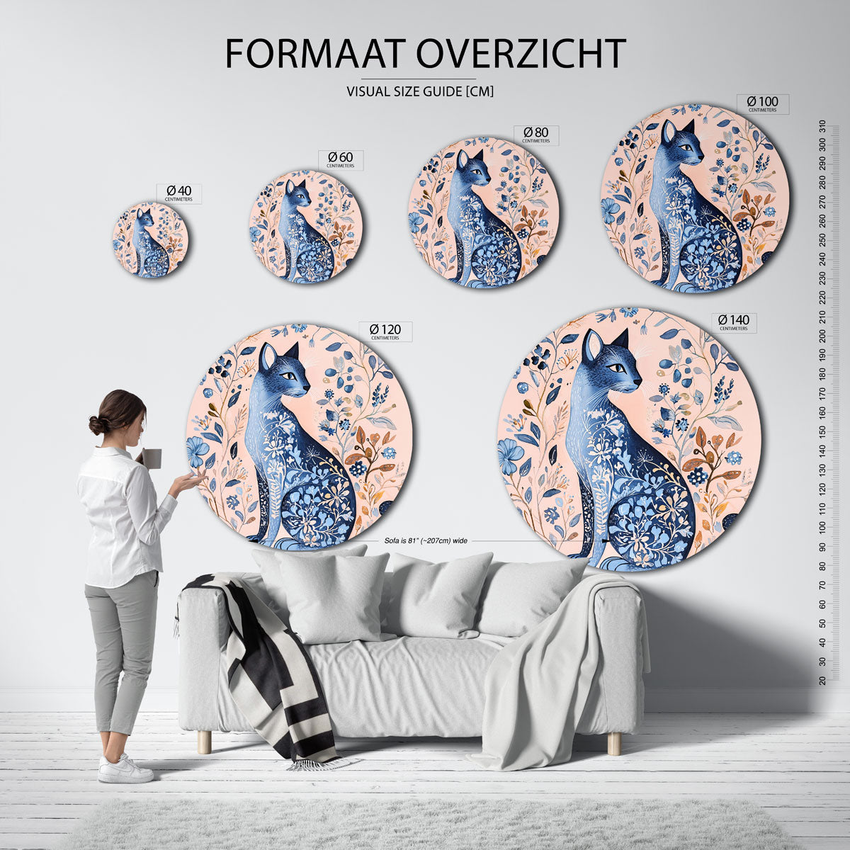 Blauwe kat en bloemen Muurcirkel
