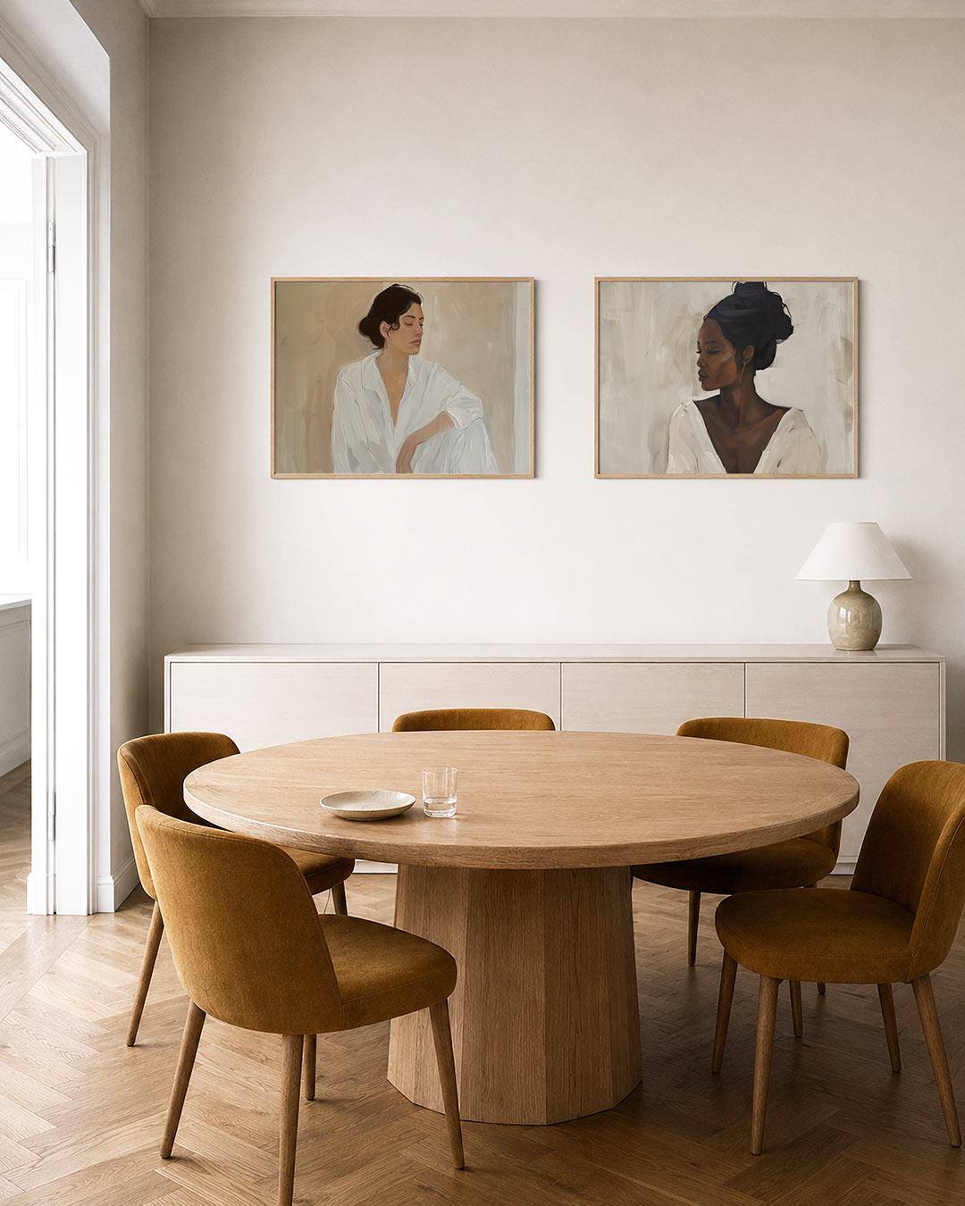 Tweedelige posterset met donkere tinten en een rustige visuele opbouw, getoond in een interieur