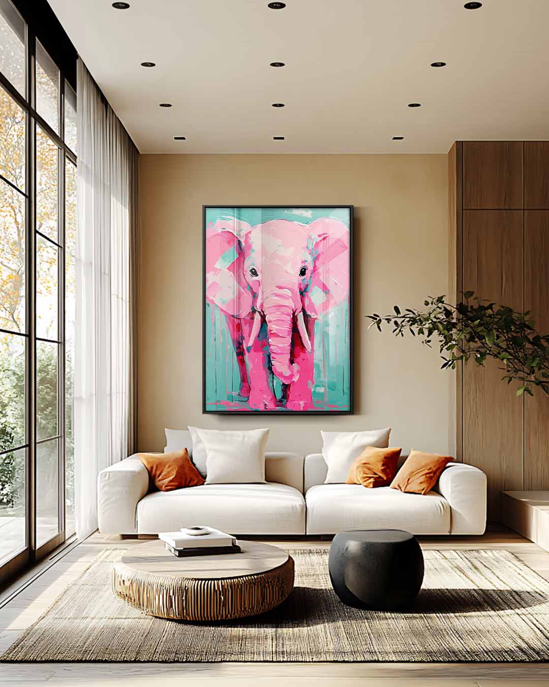 Vrolijke Roze Olifant Kunstwerk-canvas-dibond-plexiglas-wanddecoratie-WallArtistic