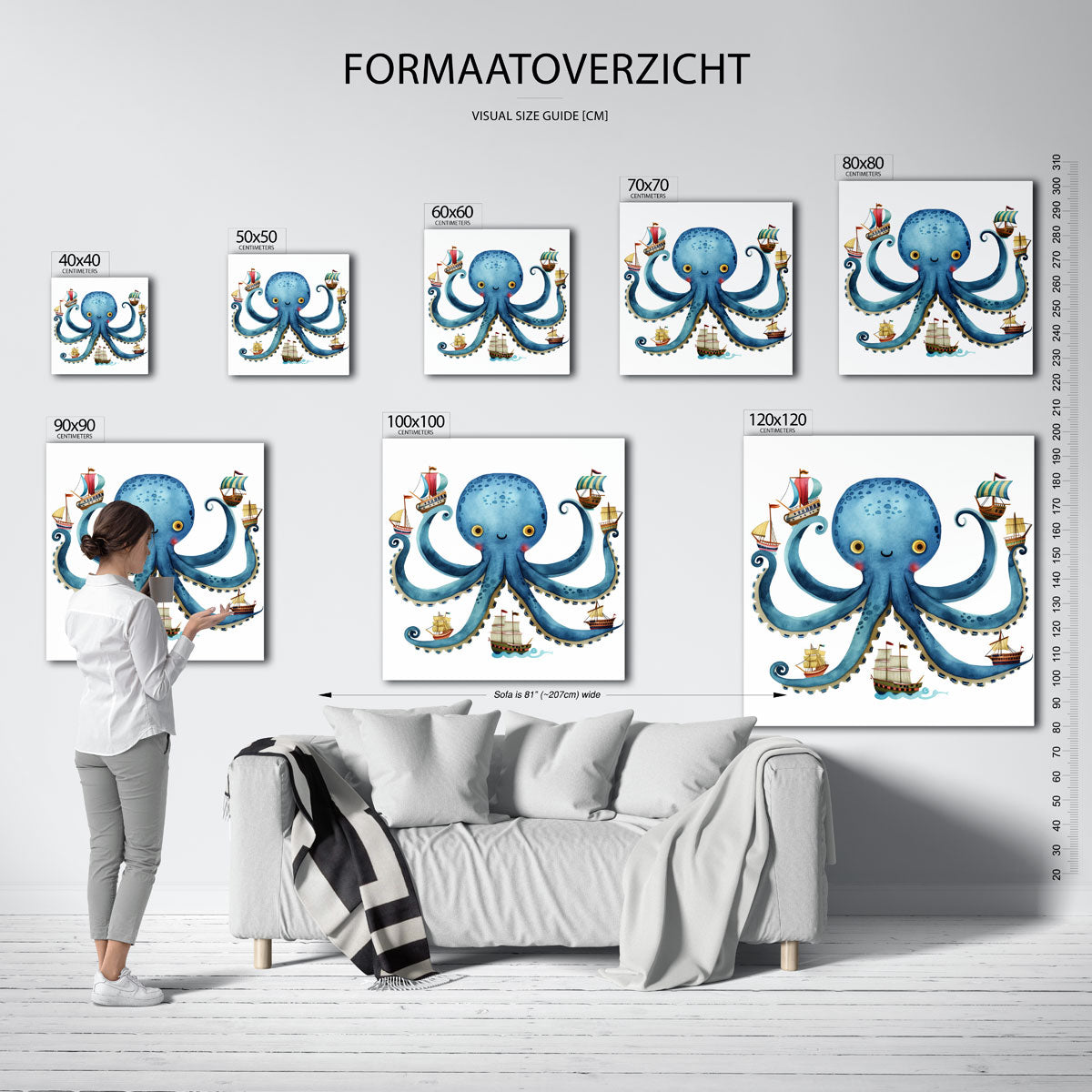 Blauwe octopus met schepen Poster