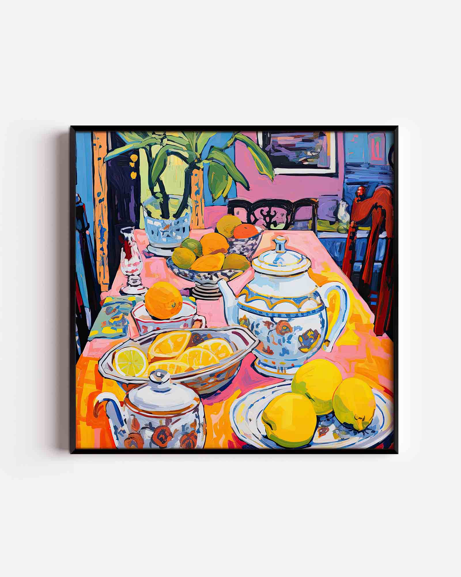 Fruit en servies op tafel Poster
