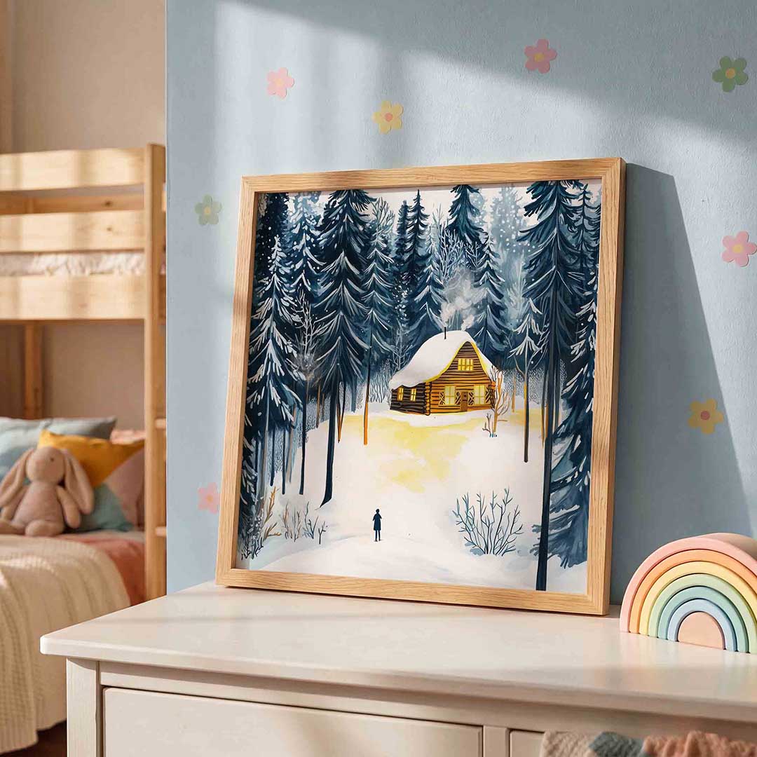 Sneeuwlandschap met houten huis Poster