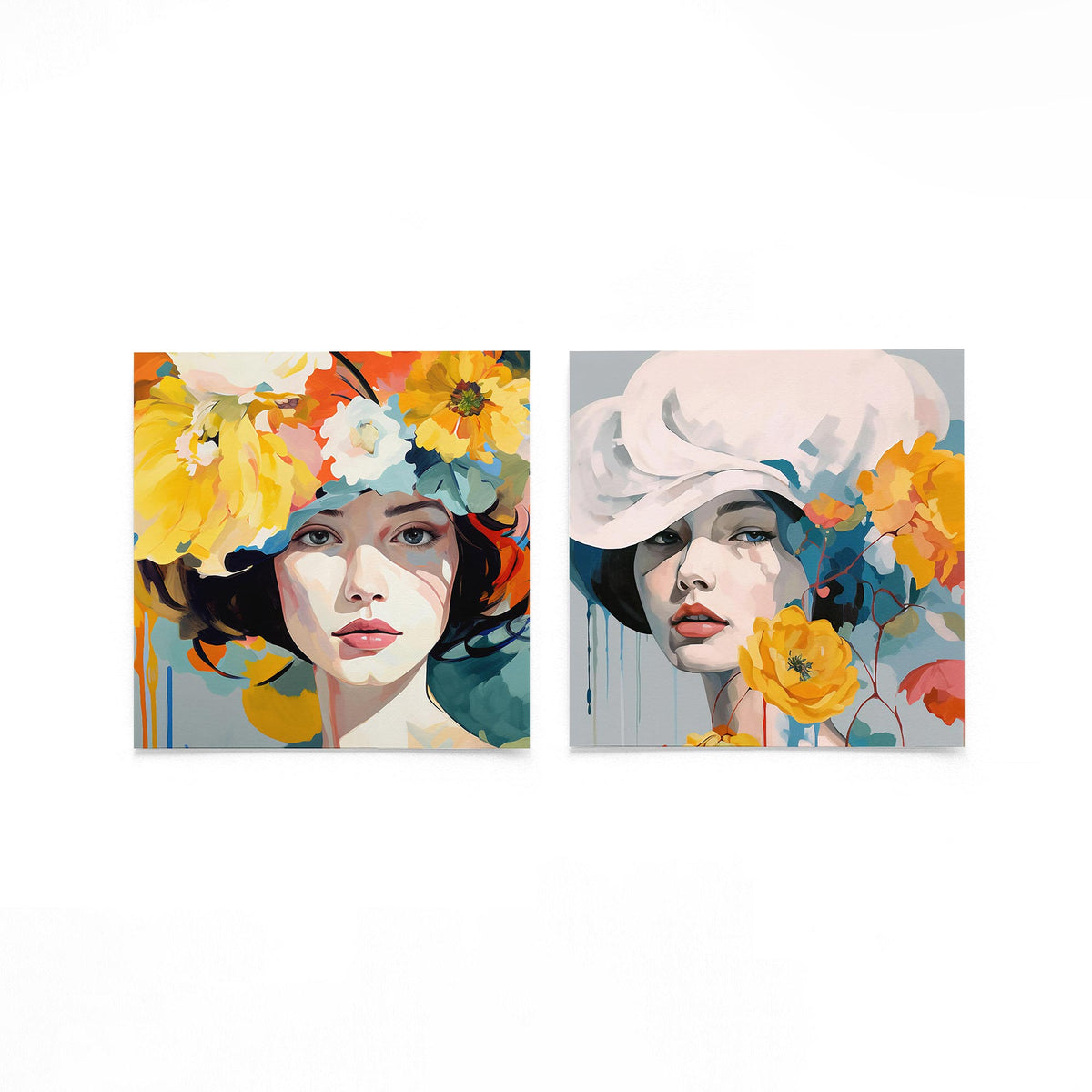 Twee vierkante posters met vrouwenportretten met bloemen op een gebroken witte achtergrond