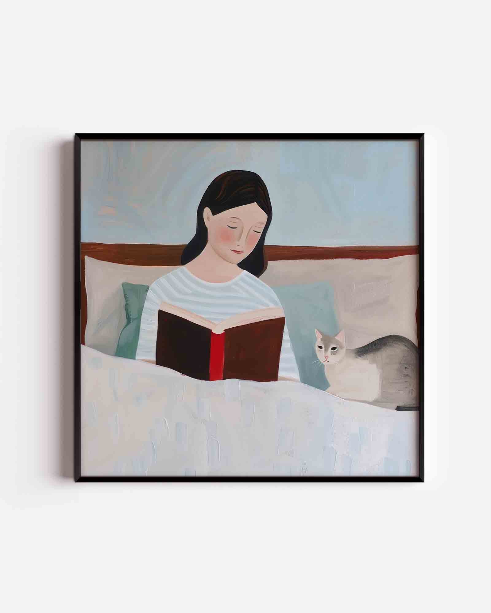 Lezende vrouw met kat Poster