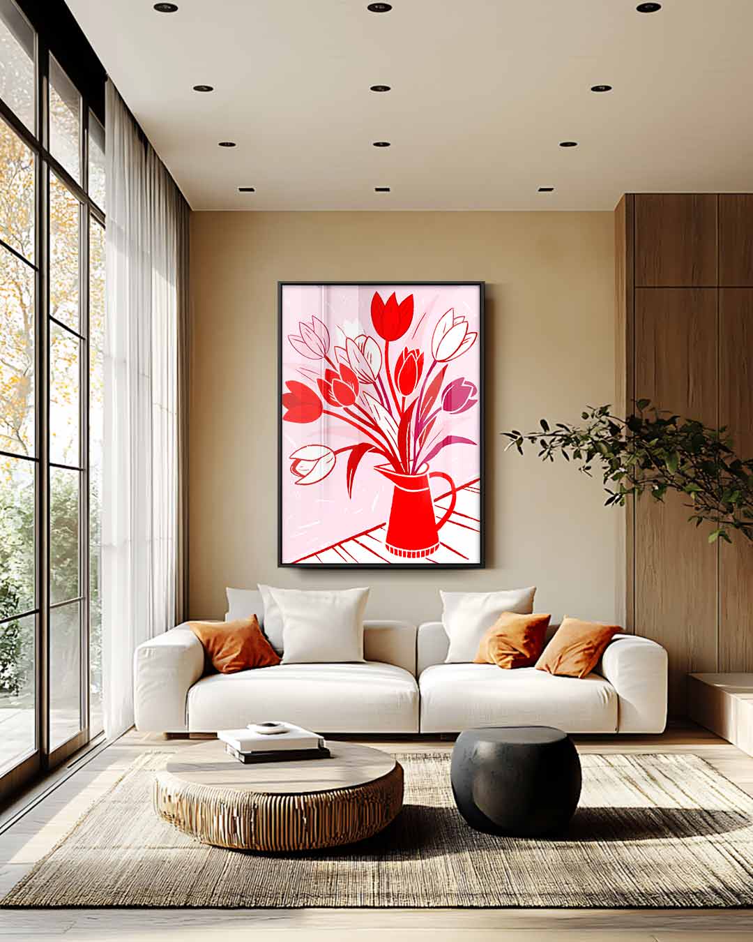 Bloeiende Tulpen in Rode Vaas Kunstwerk-canvas-dibond-plexiglas-wanddecoratie-WallArtistic