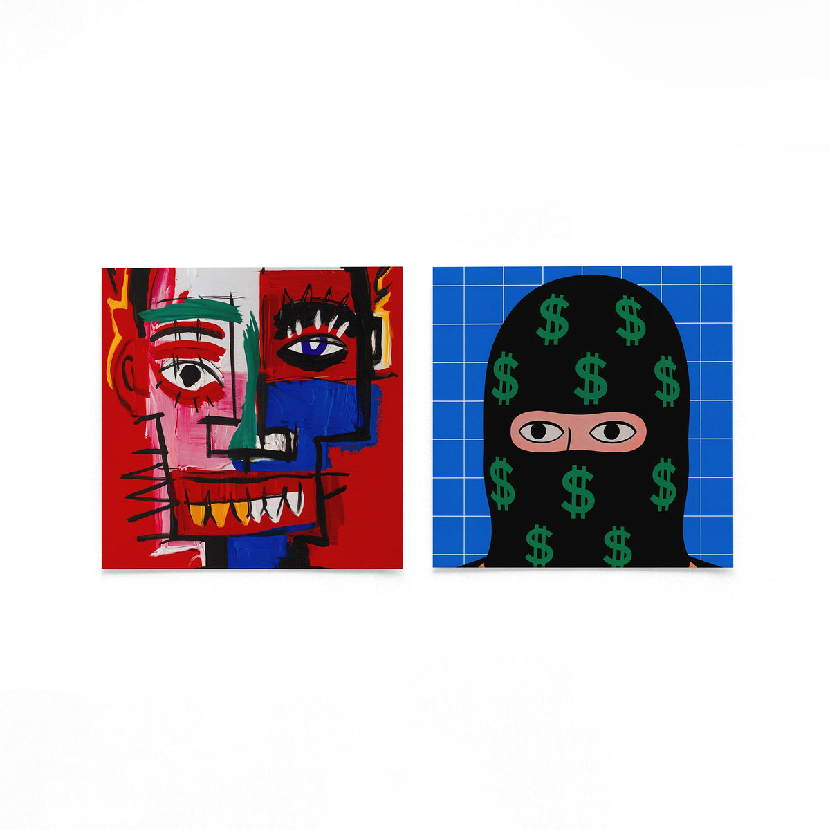 Twee vierkante posters met gezichten en geld op een gebroken witte achtergrond