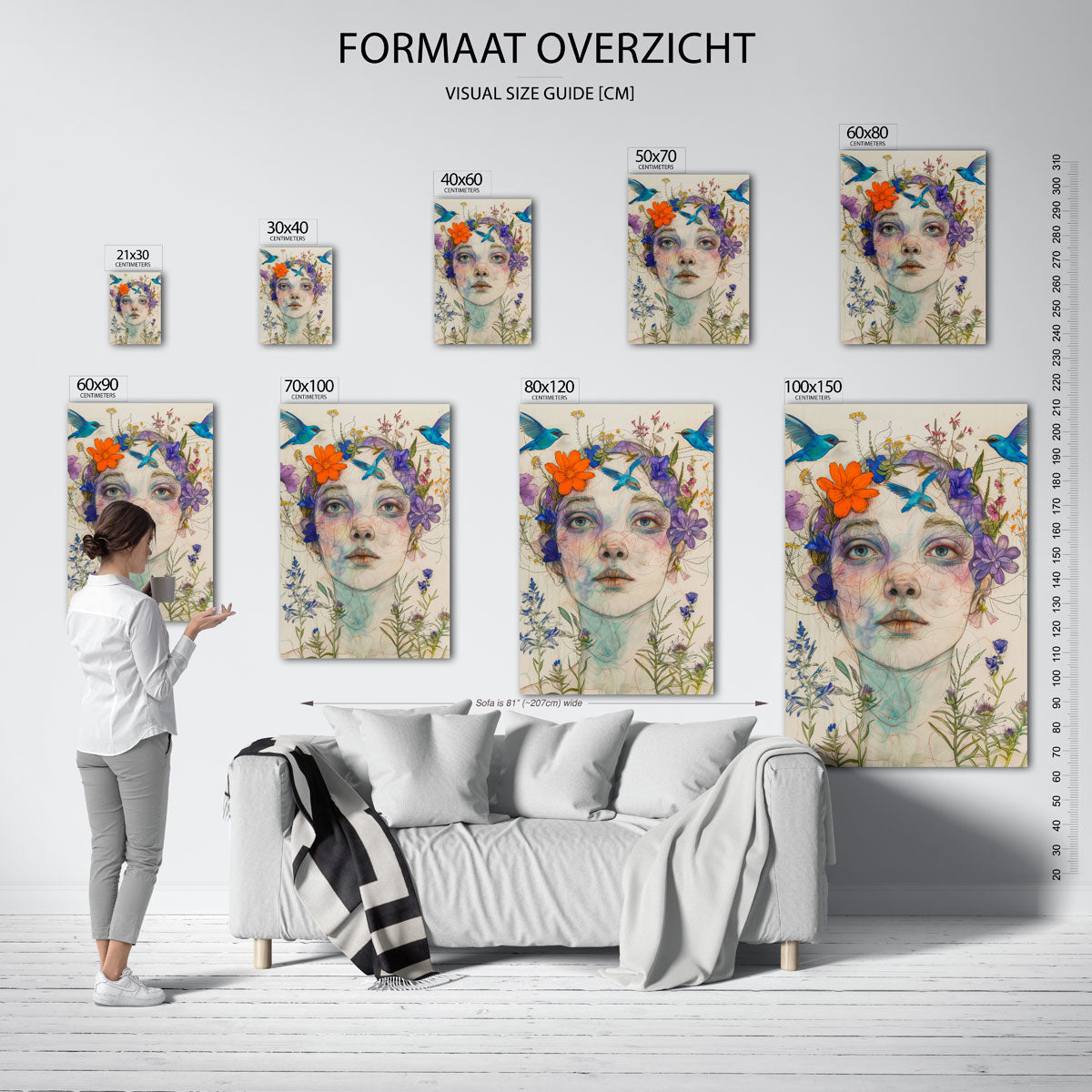 Vrouw met bloemen en vogels Poster
