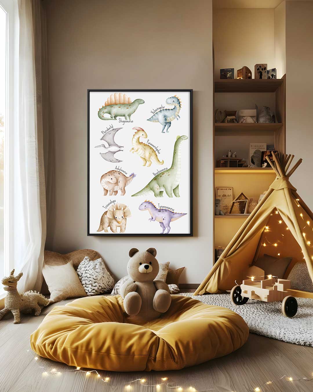 Vrolijke Dino Print voor de Kinderkamer Kunstwerk-canvas-dibond-plexiglas-wanddecoratie-WallArtistic