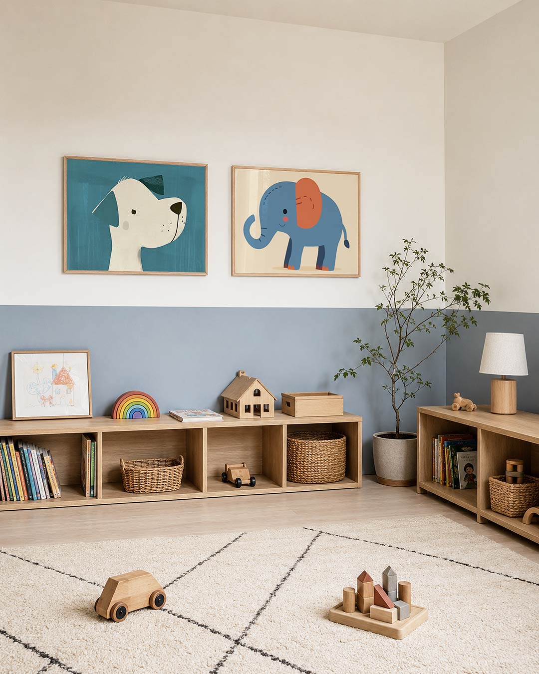Interieurpresentatie van twee posters met een speelse hond in zijaanzicht met een witte vacht en blauwe accenten