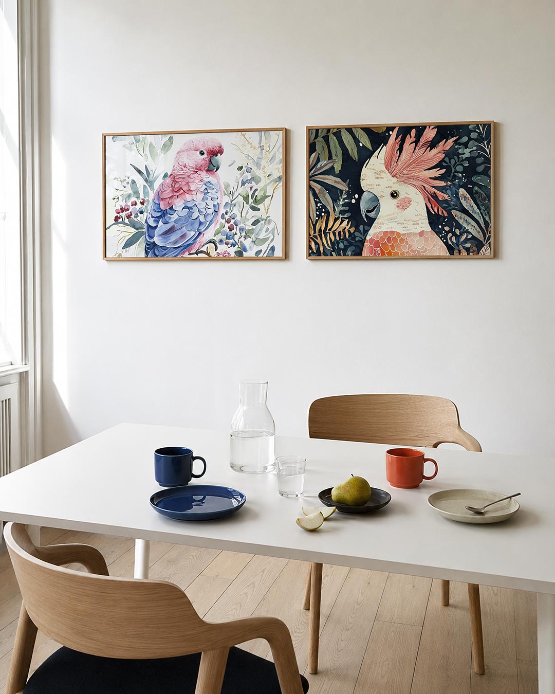 Tweedelige posterset met een kleurrijke vogel met roze en blauwe veren, getoond in een interieur