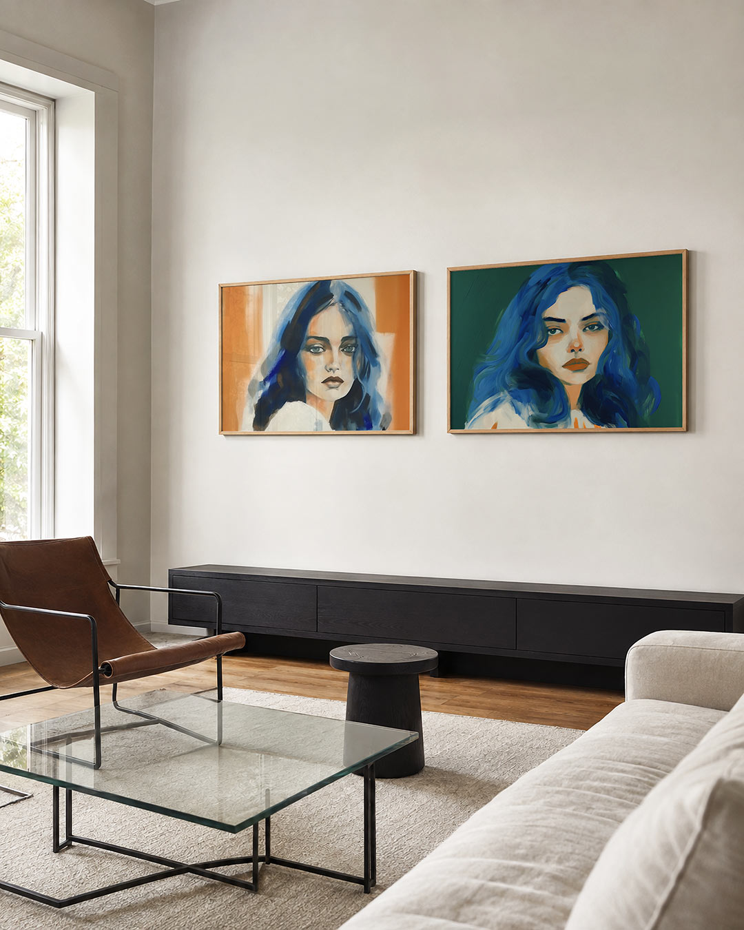 Interieurpresentatie van twee posters met een vrouwelijk gezicht met blauwe en oranje kleurvlakken