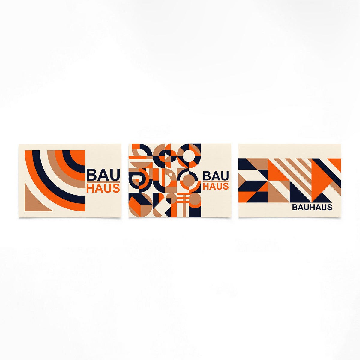 Drie landscape posters met koraalbogen en diagonalen als vrijstaande productfoto