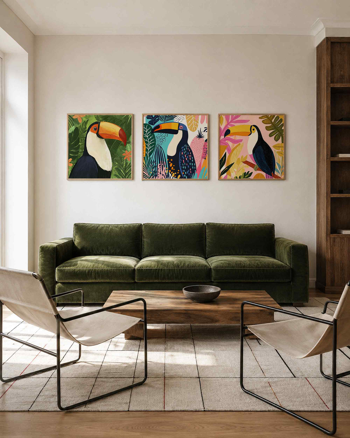 Interieurpresentatie van een driedelige vierkante posterset met toekans in tropisch gebladerte
