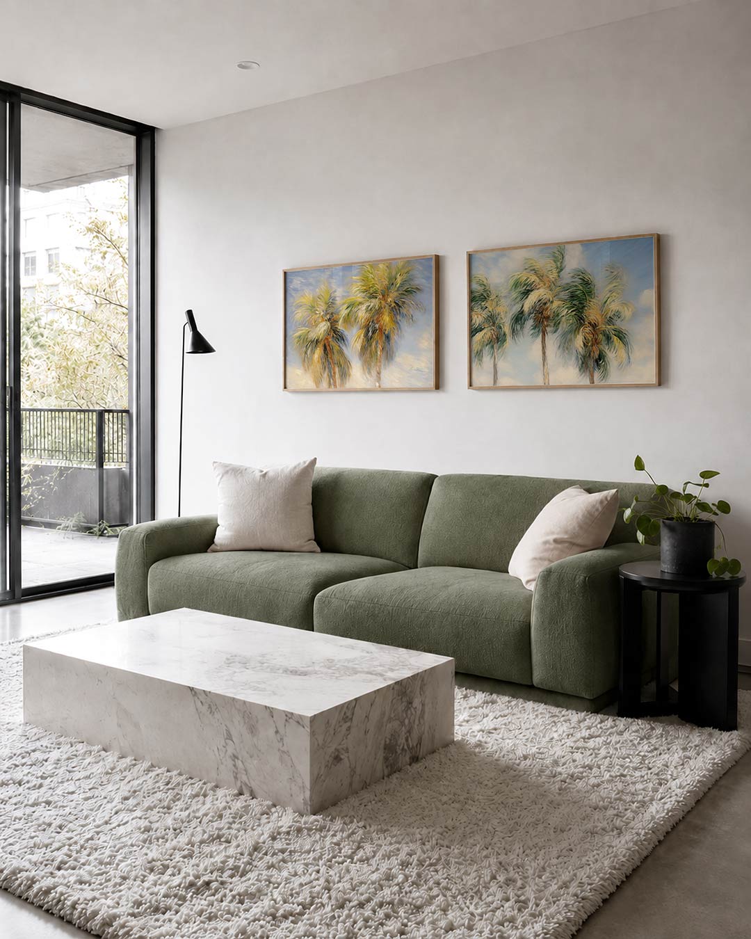 Twee liggende posters met twee palmbomen met groene, gele en bruine bladeren, aan de muur in een interieur