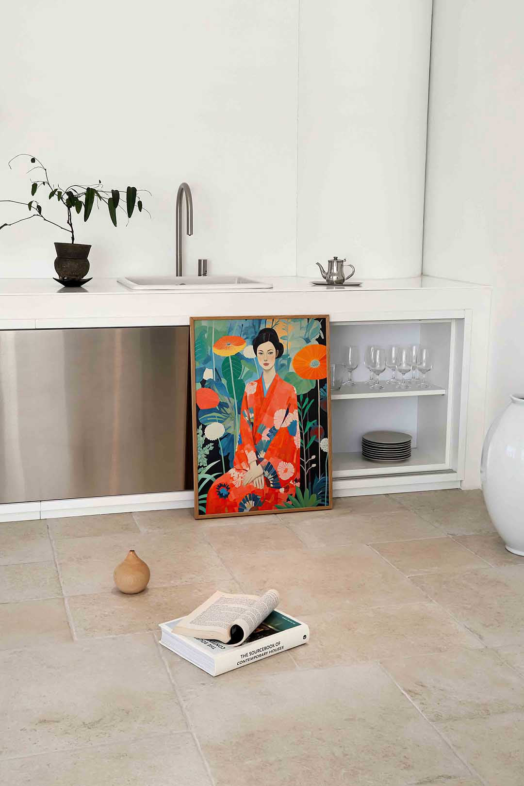 Vrouw in kimono met bloemen Poster
