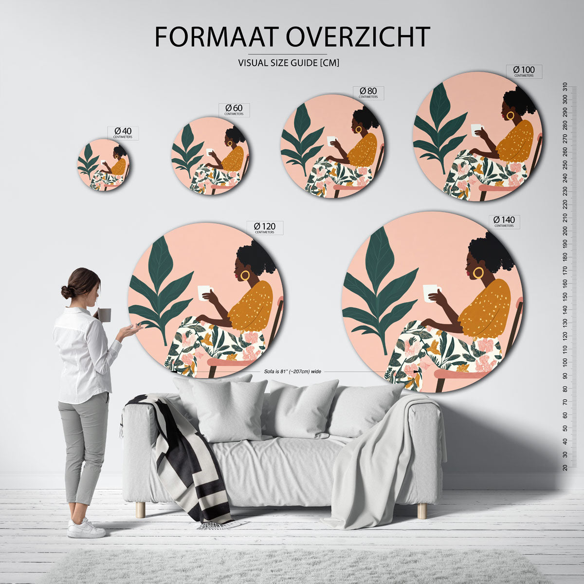 Vrouw met kopje en plant Muurcirkel