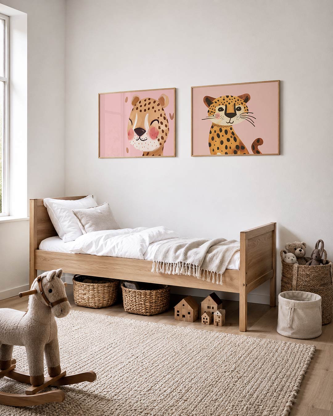 Twee liggende posters met een schattige dierenkop met een lachend gezicht, aan de muur in een interieur