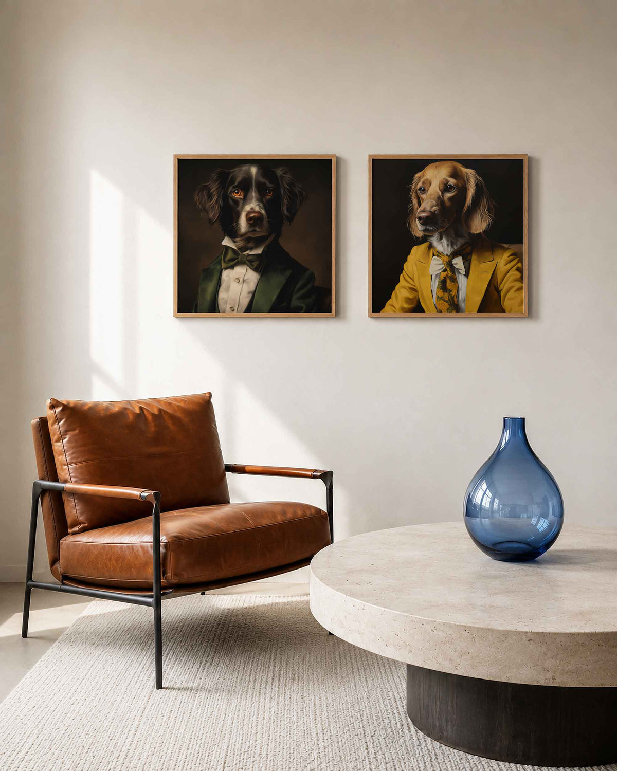 Interieurpresentatie van een tweedelige vierkante posterset met geklede honden