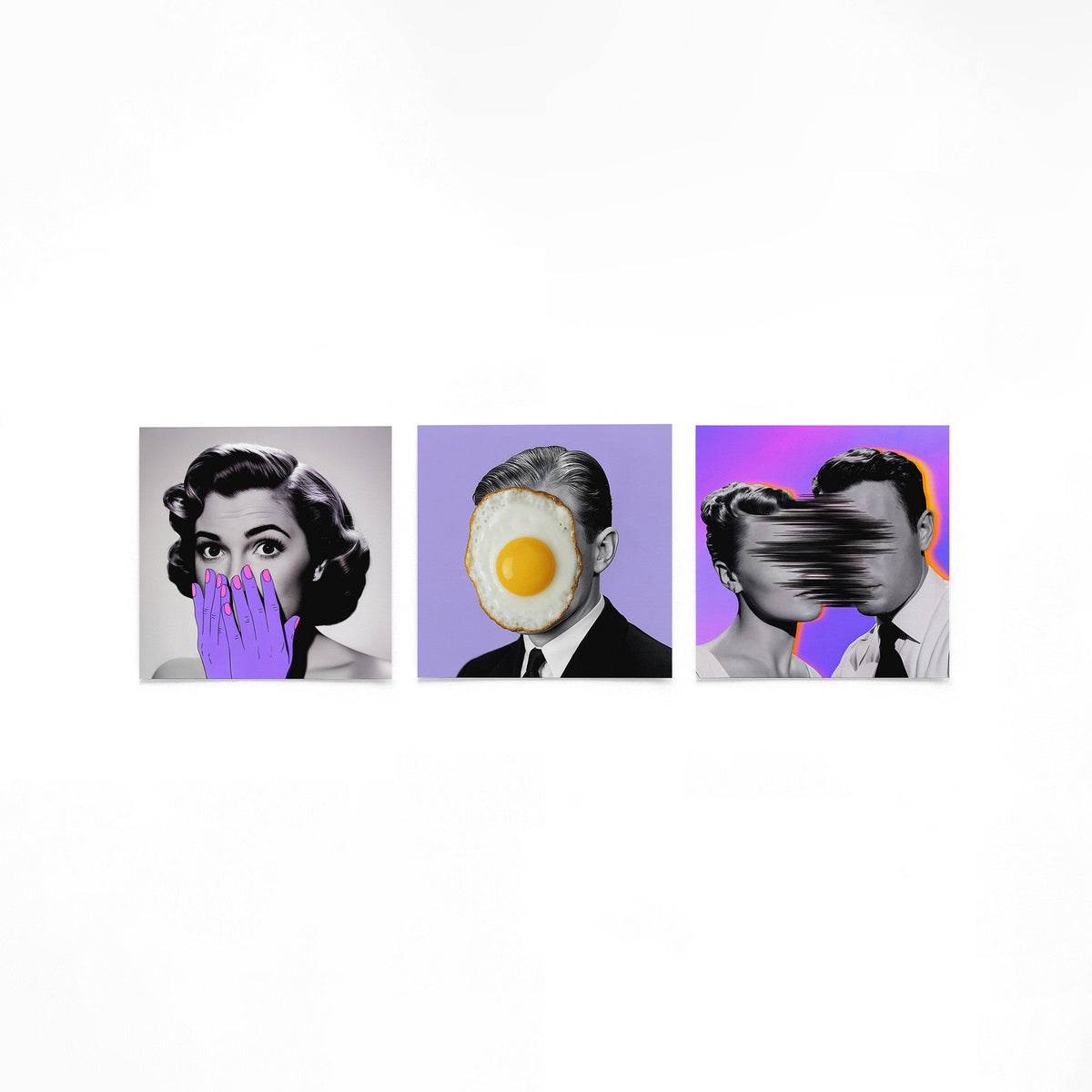 Drie vierkante posters met surrealistische portretten op een gebroken witte achtergrond