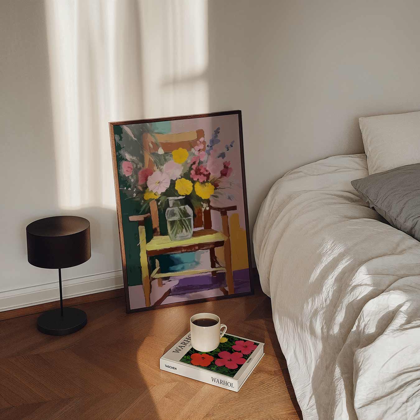 Romantische Bloemenpracht op Houten Stoel Poster-WallArtistic