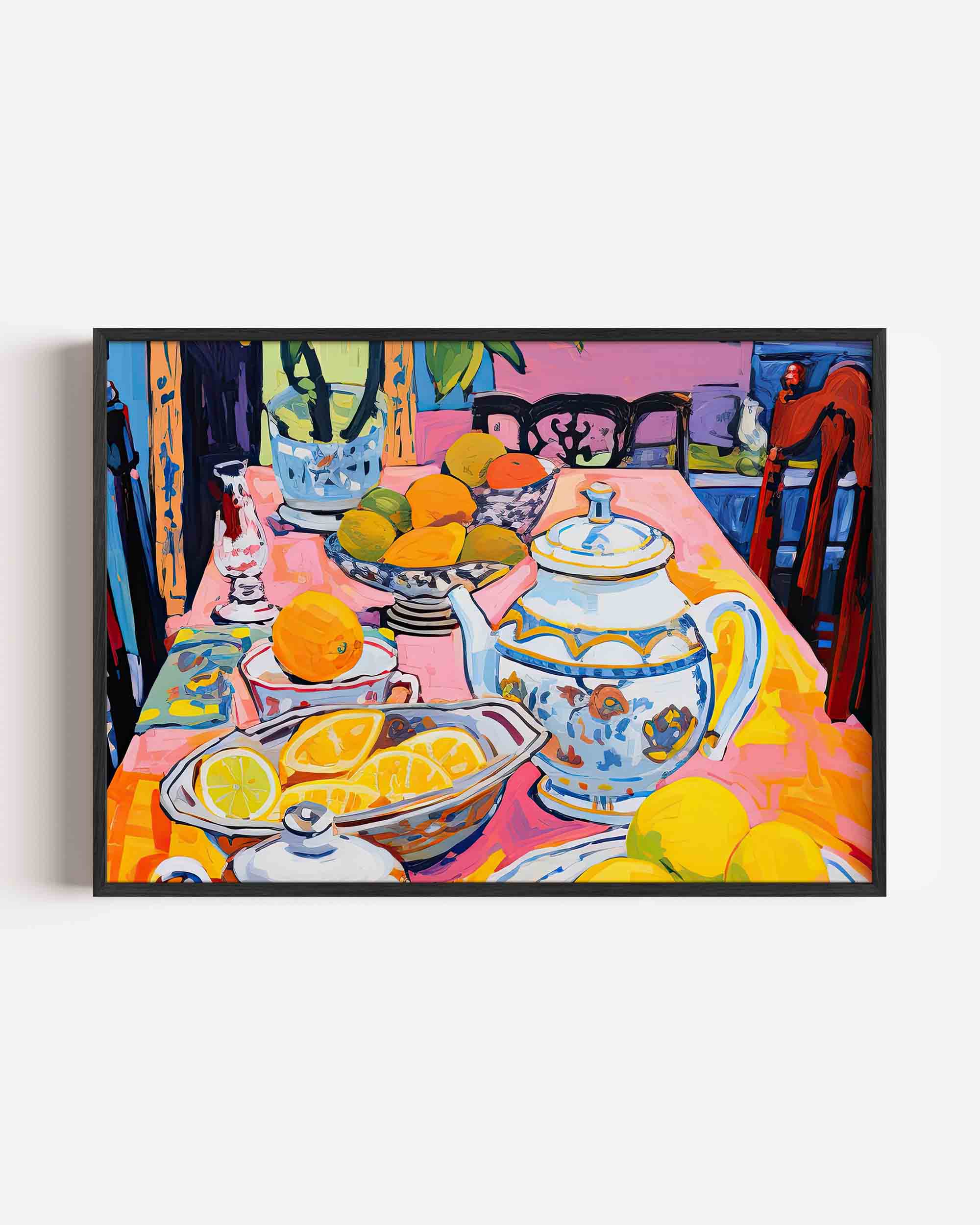 Fruit en theepot op tafel Poster