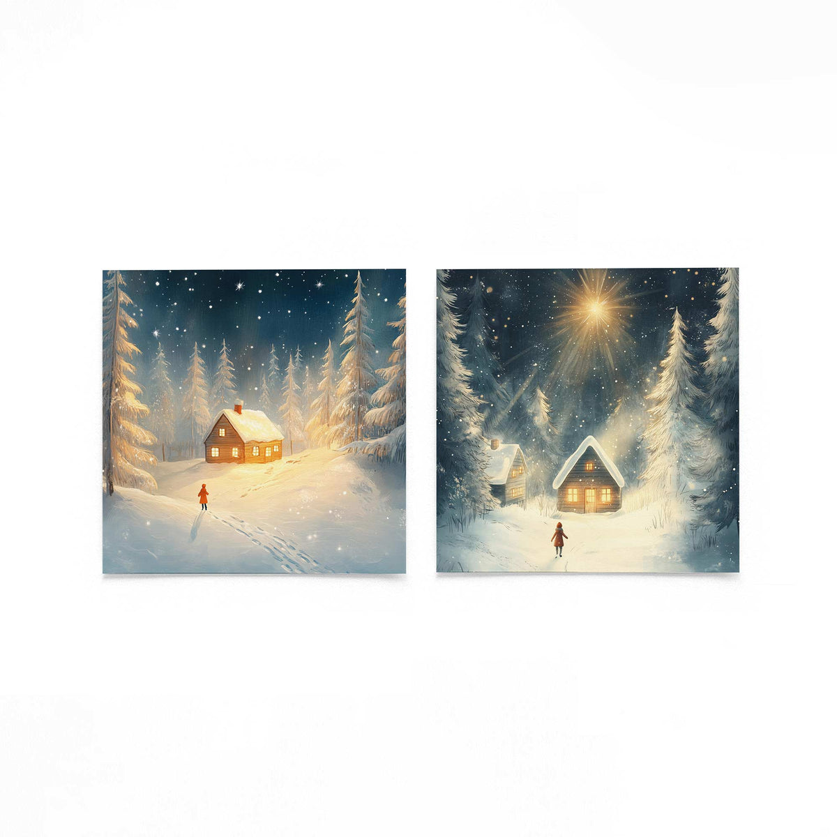 Twee vierkante posters met besneeuwde boshuisjes op een gebroken witte achtergrond