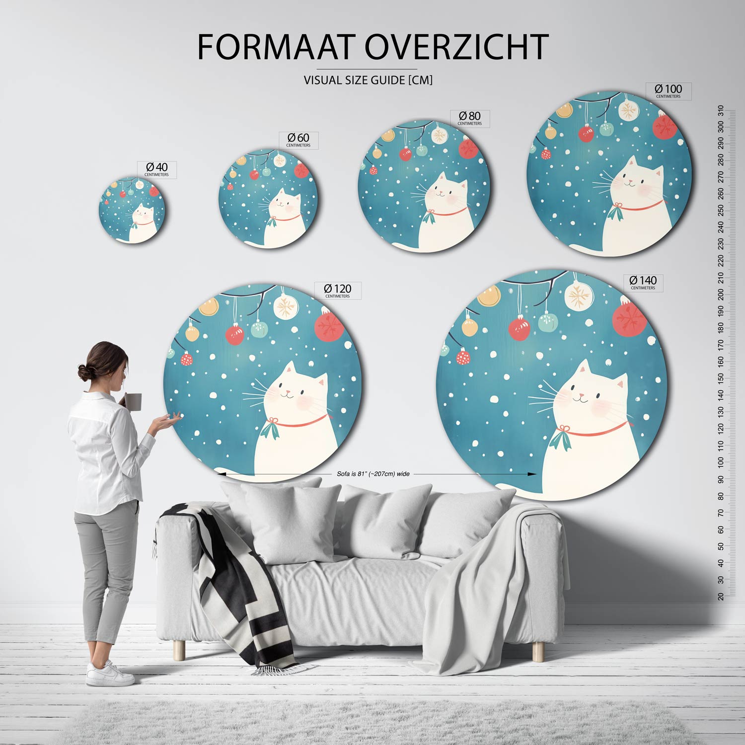 Witte kat met kerstballen Muurcirkel