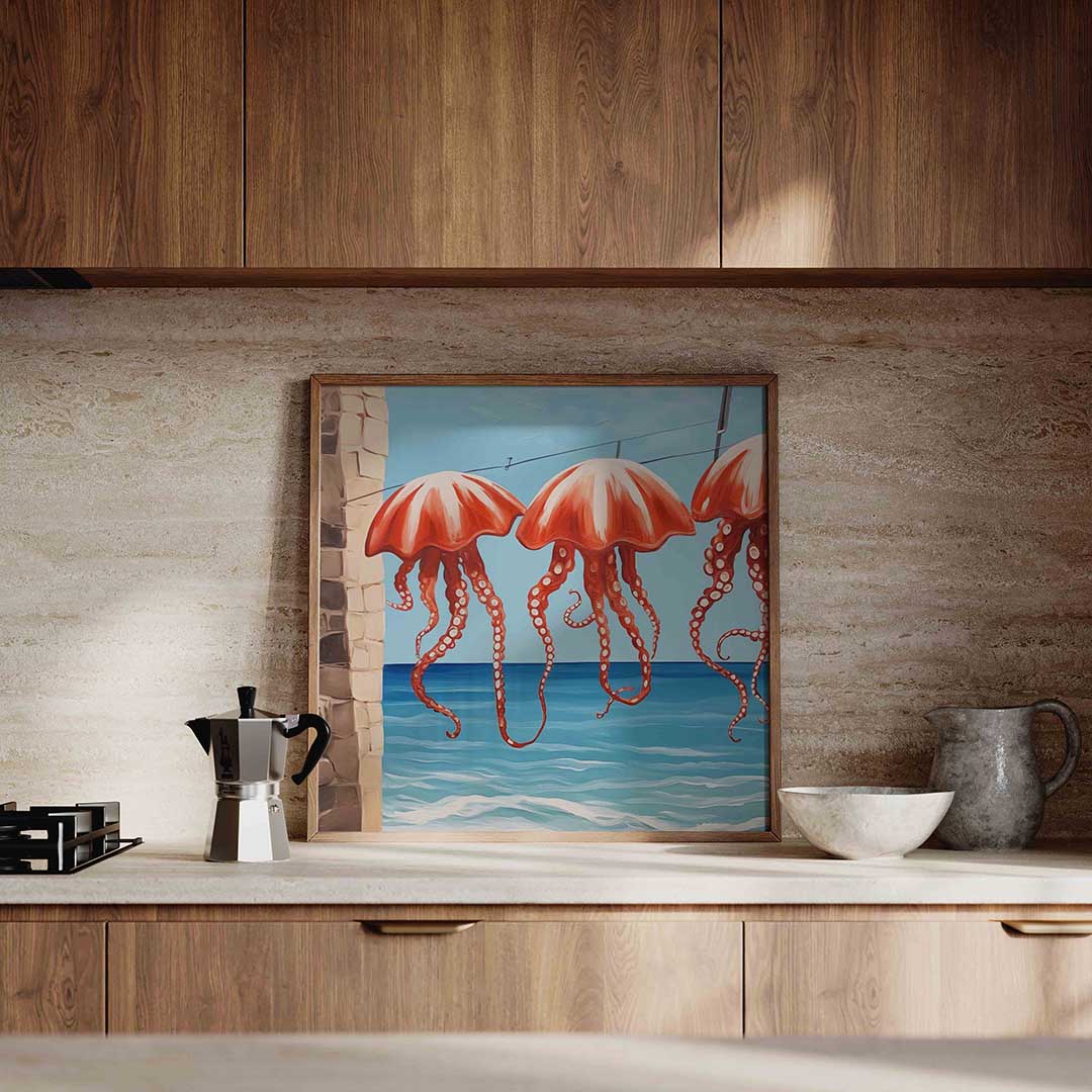 Rode kwallen boven zee Poster