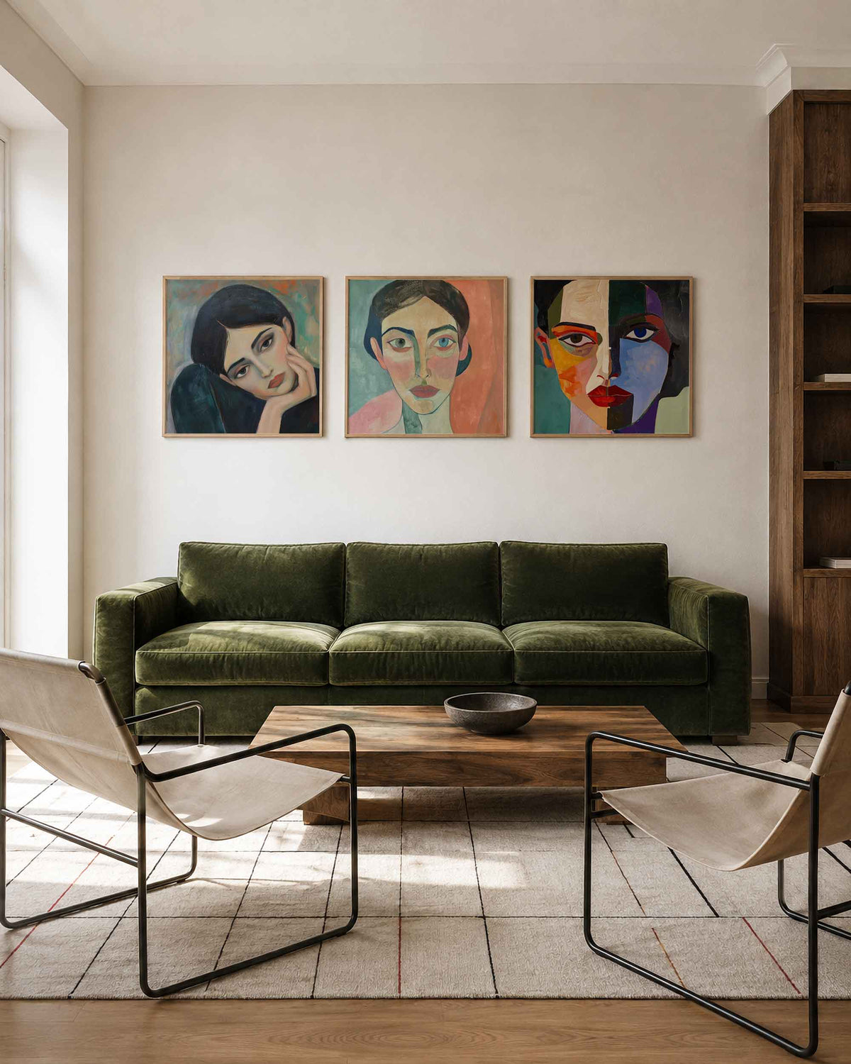 Interieurpresentatie van een driedelige vierkante posterset met abstracte portretten