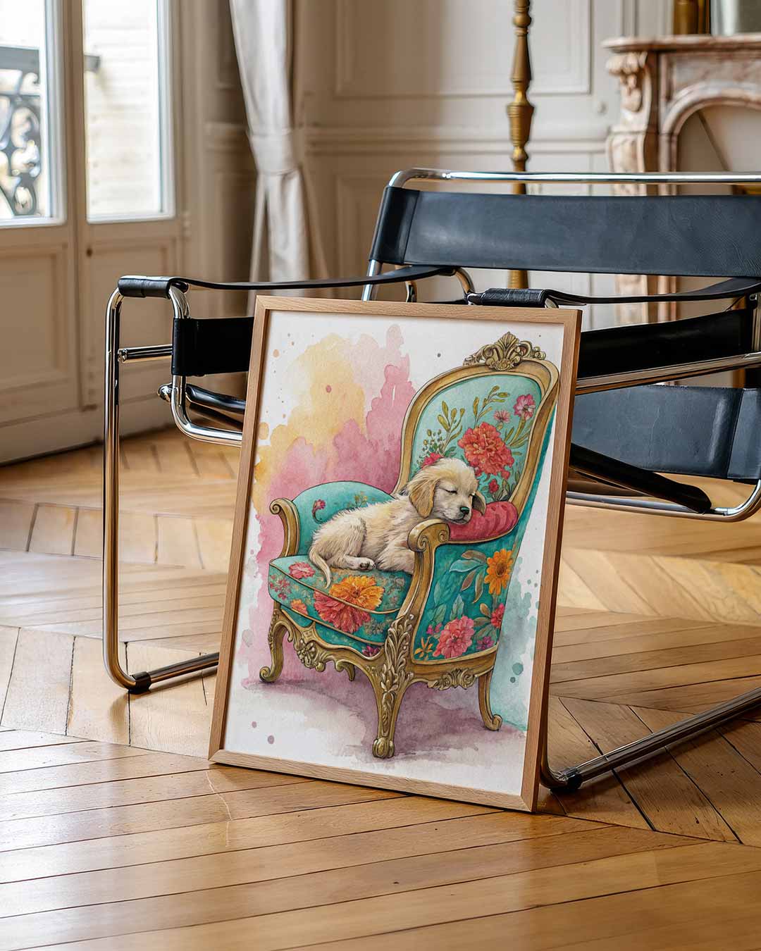 Dromerig Puppy op Bloemenstoel Poster-WallArtistic