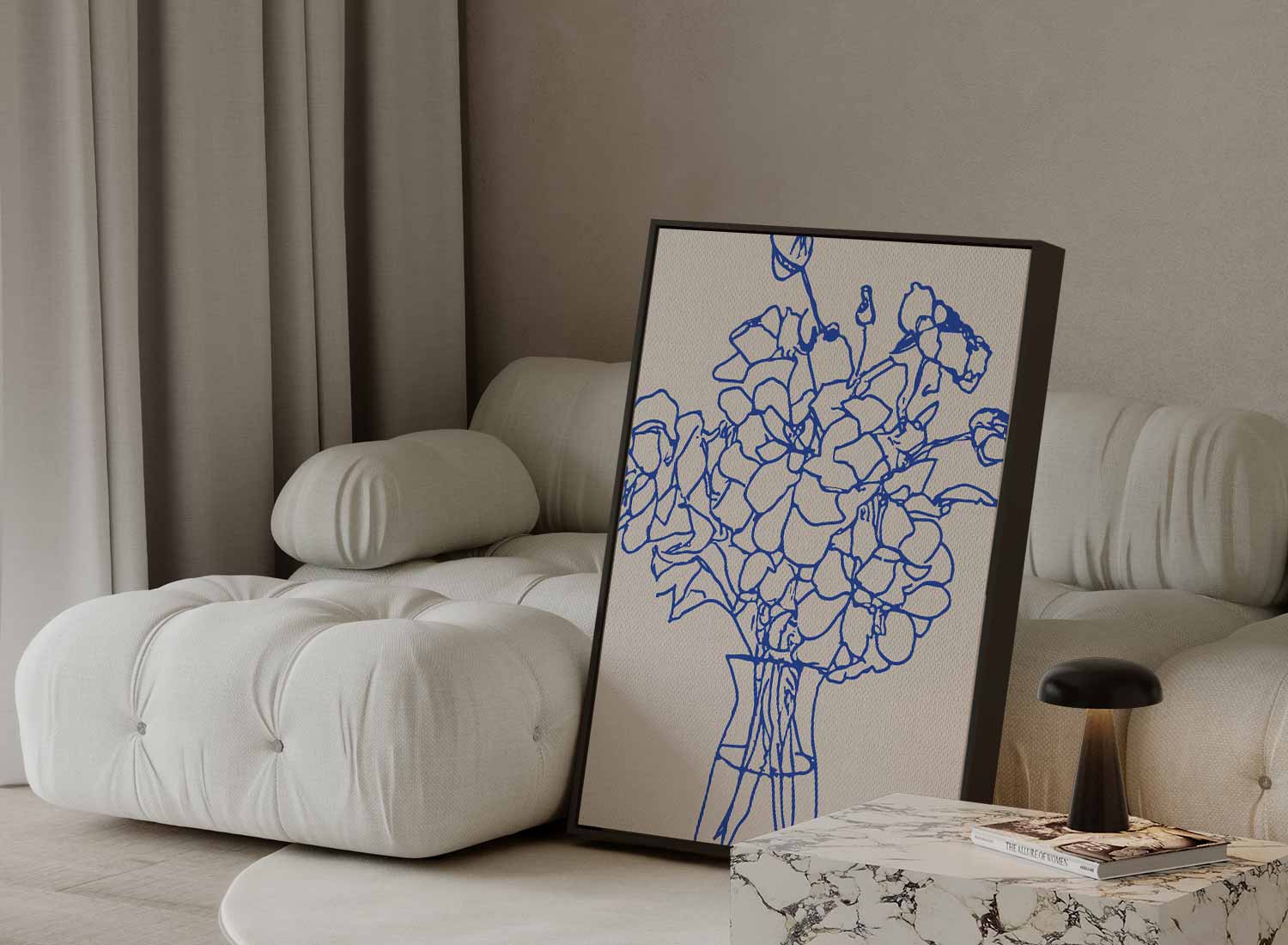 Elegante Blauwe Bloemenlijn Kunstwerk-canvas-dibond-plexiglas-wanddecoratie-WallArtistic