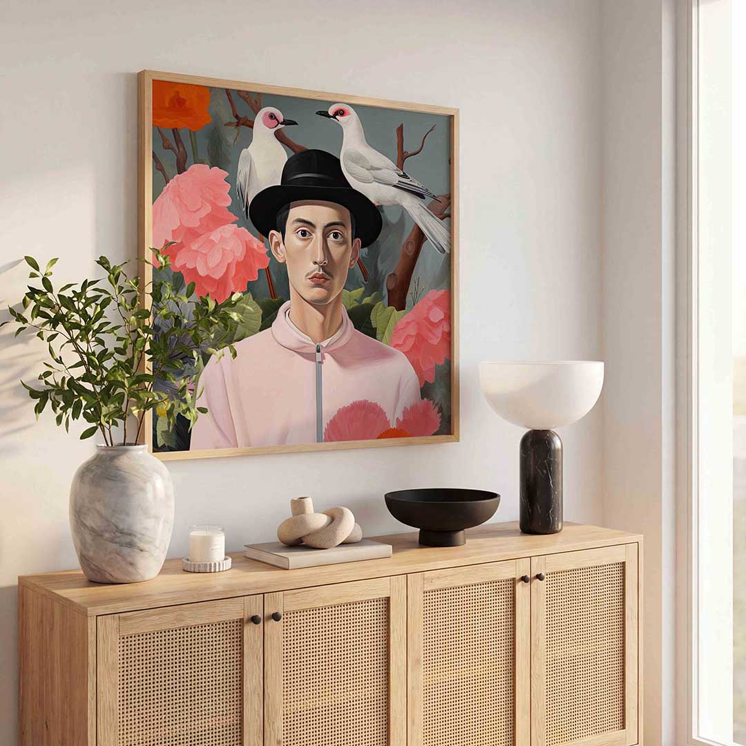 Man met vogels en bloemen Poster