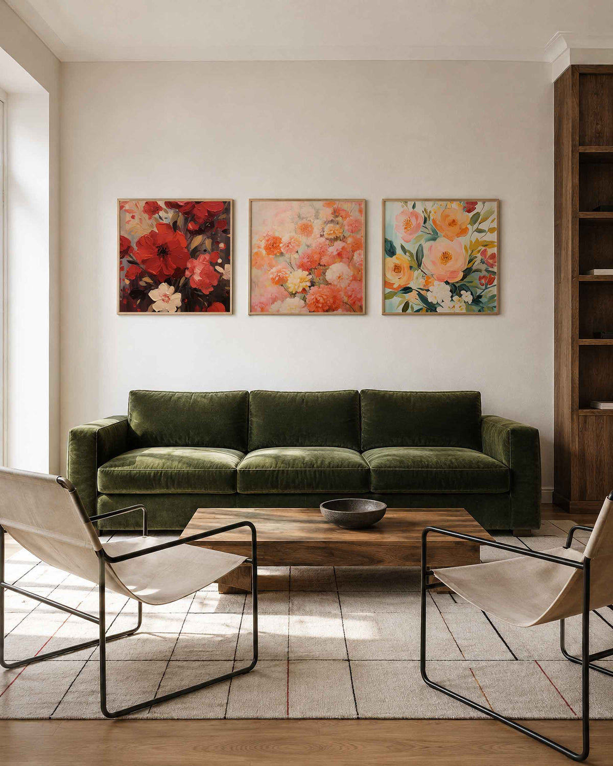 Interieurpresentatie van een driedelige vierkante posterset met kleurrijke bloemen
