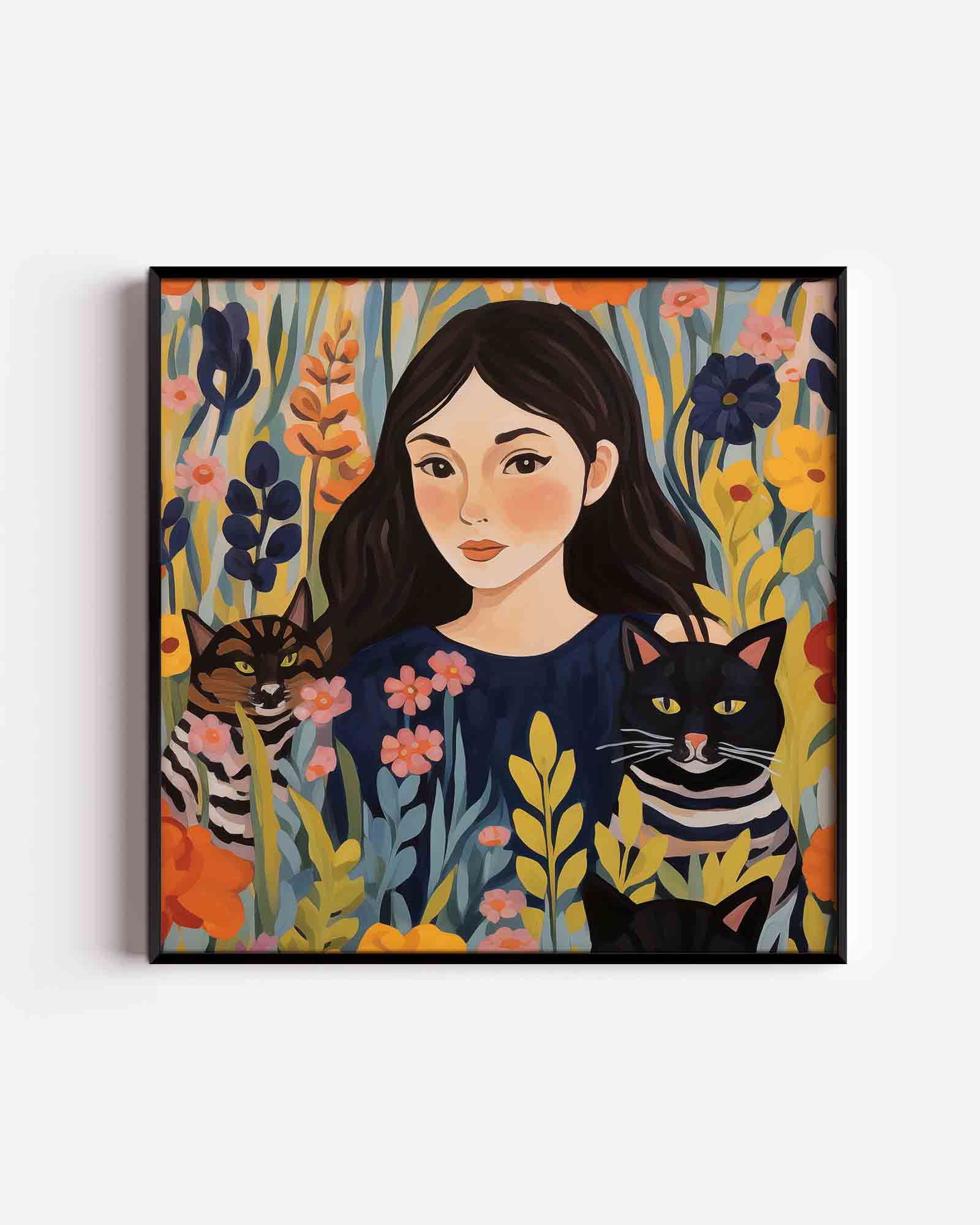 Meisje met katten en bloemen Poster