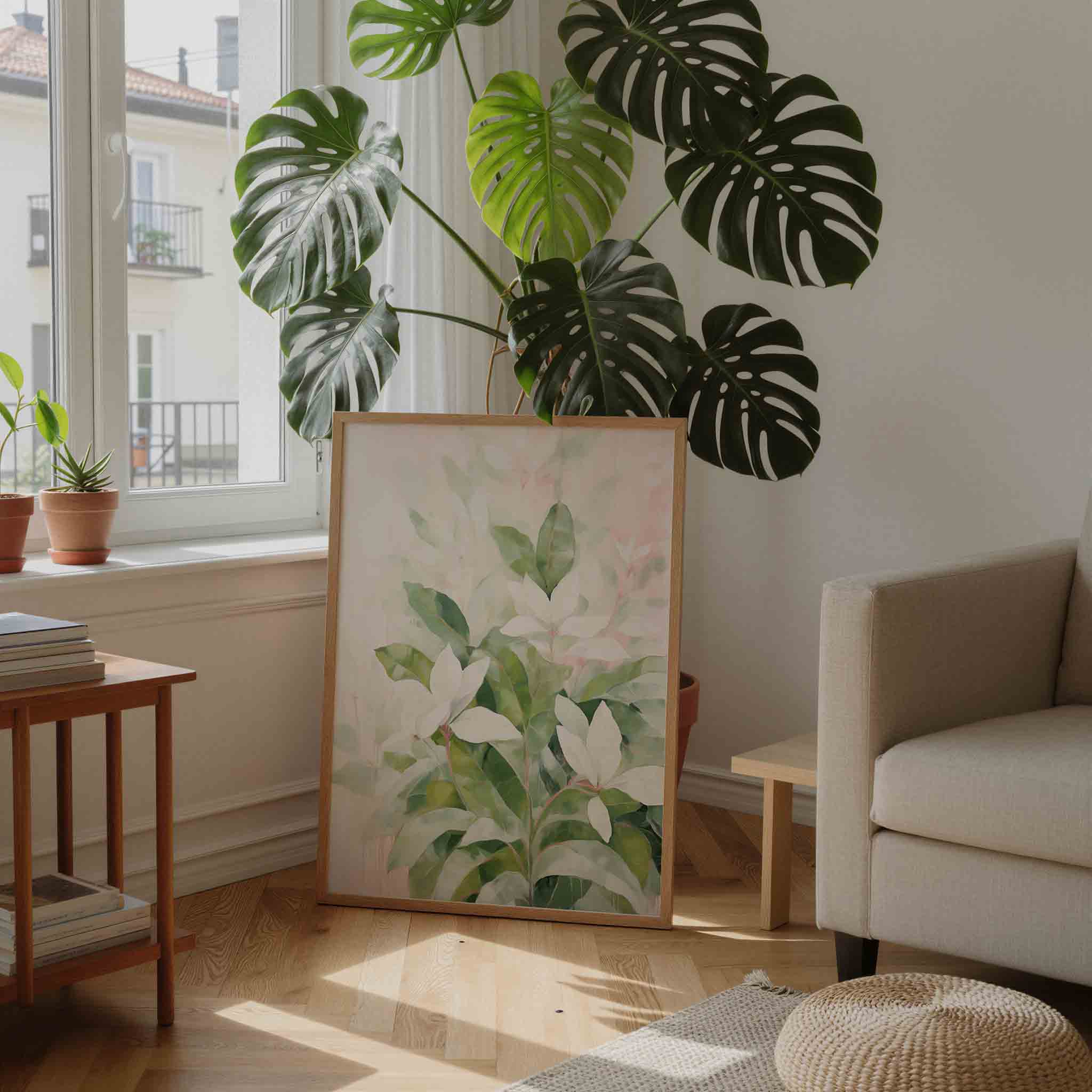 Witte bloemen en groene bladeren Poster