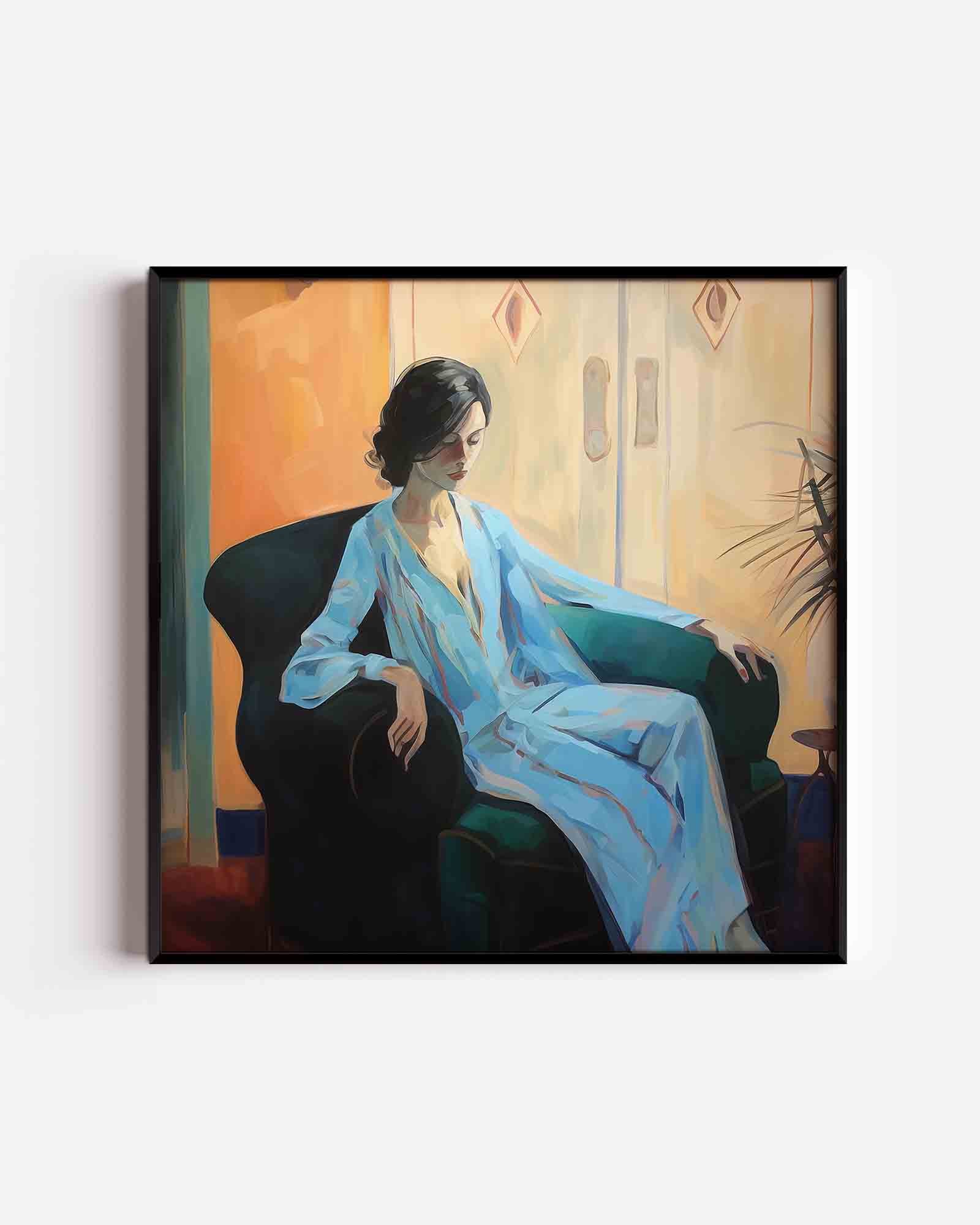 Vrouw in blauwe jurk Poster