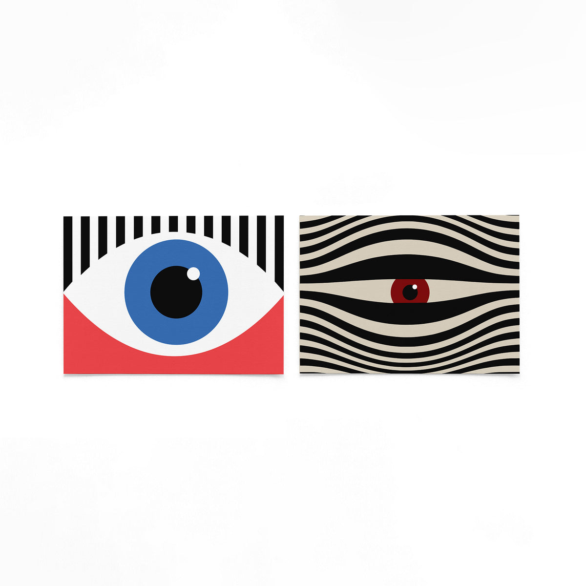 Twee landscape posters met blau rood oog als vrijstaande productfoto