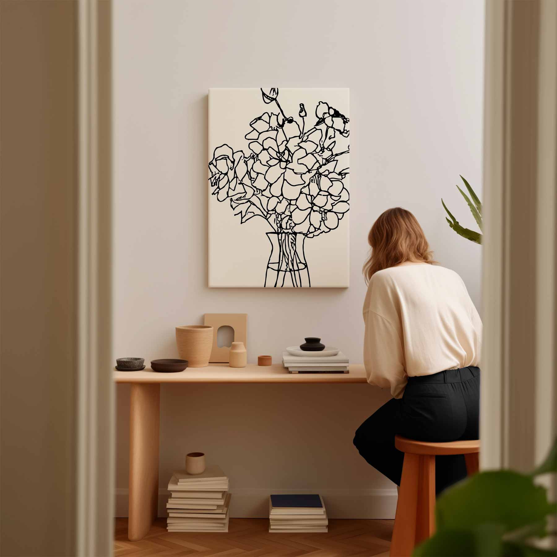 Lijntekening Bloemboeket Kunstwerk-canvas-dibond-plexiglas-wanddecoratie-WallArtistic