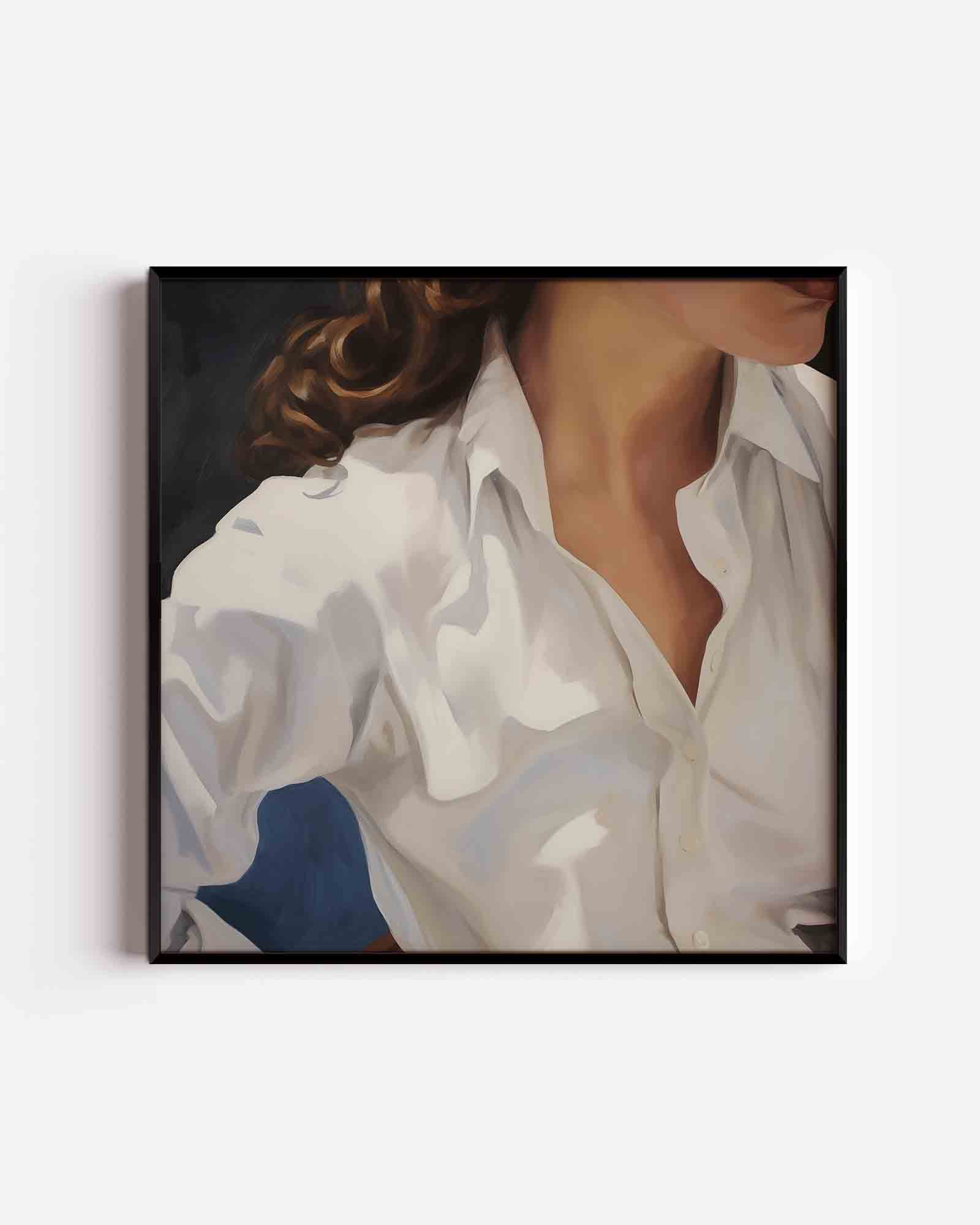 Witte blouse en krullend haar Poster