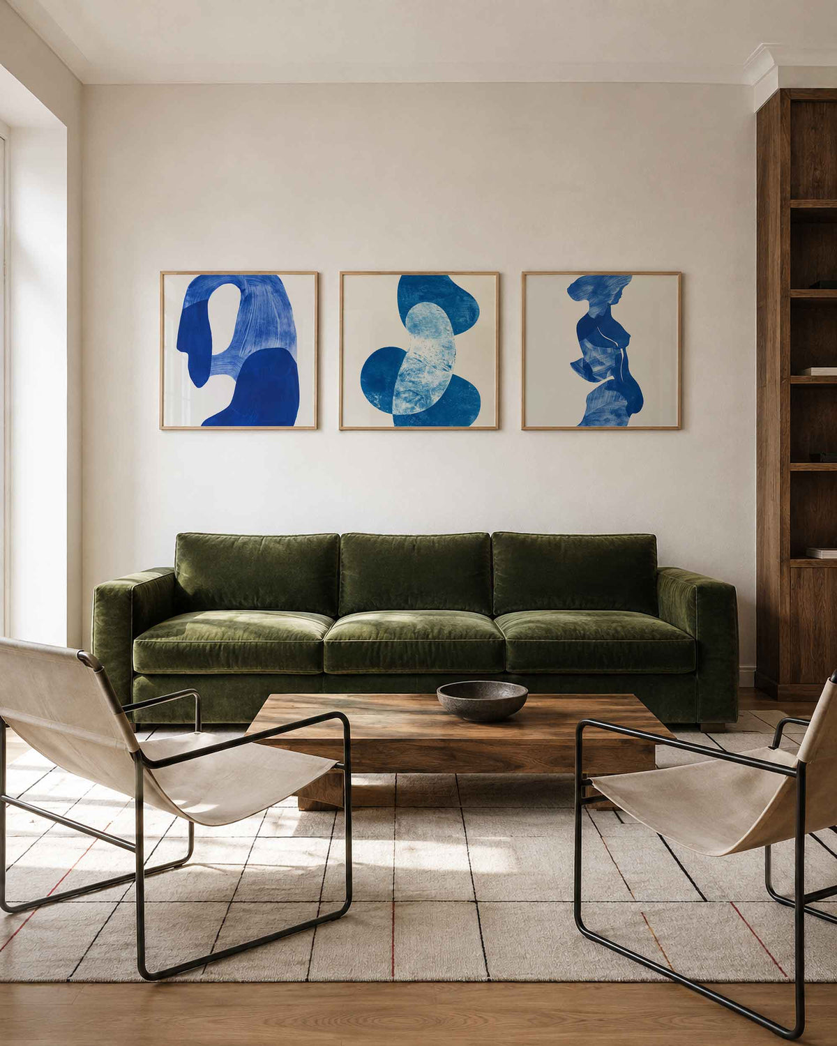 Interieurpresentatie van een driedelige vierkante posterset met blauwe abstracte figuren