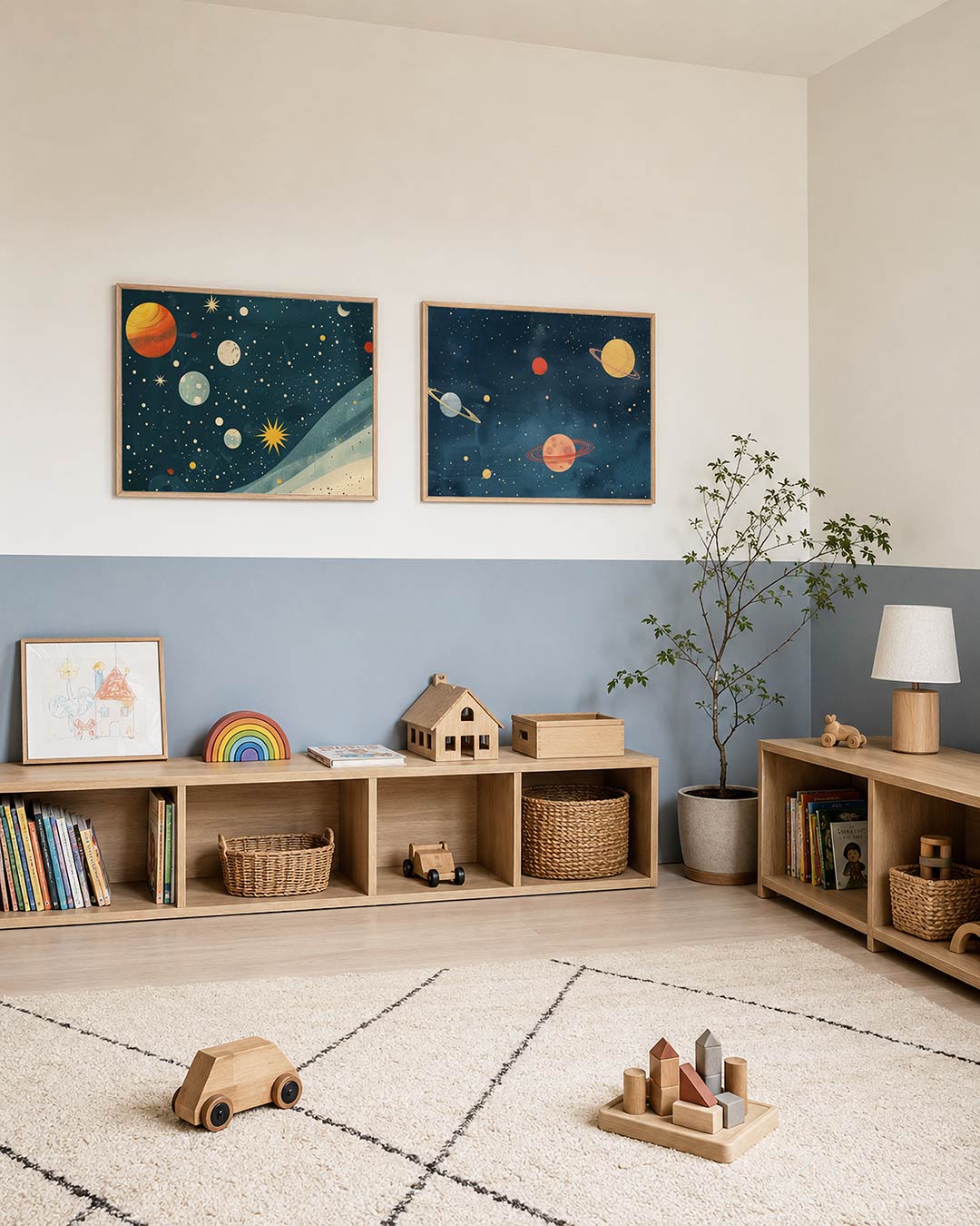 Twee liggende posters met donkere tinten en een rustige visuele opbouw, aan de muur in een interieur