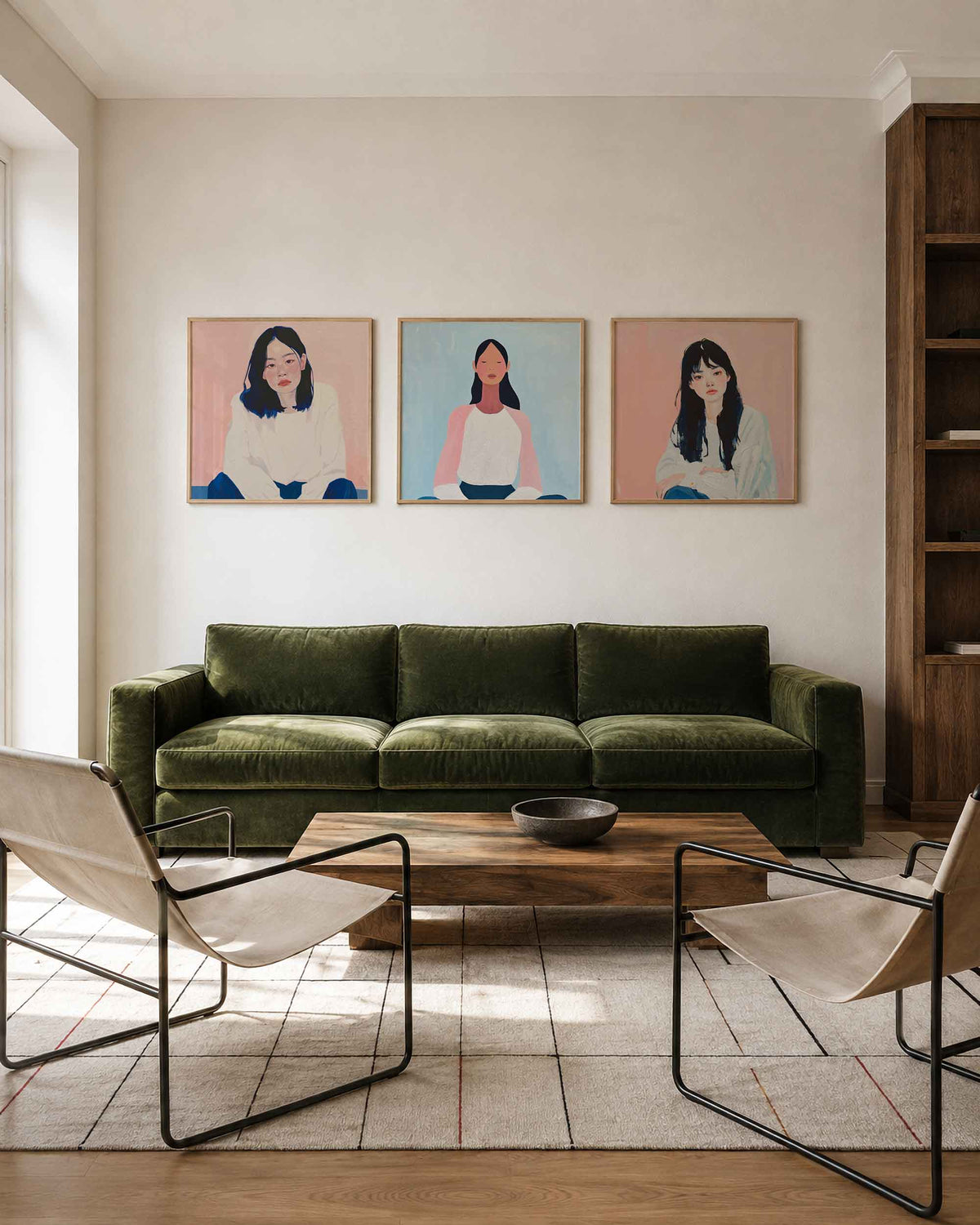 Interieurpresentatie van een driedelige vierkante posterset met vrouwelijke portretten