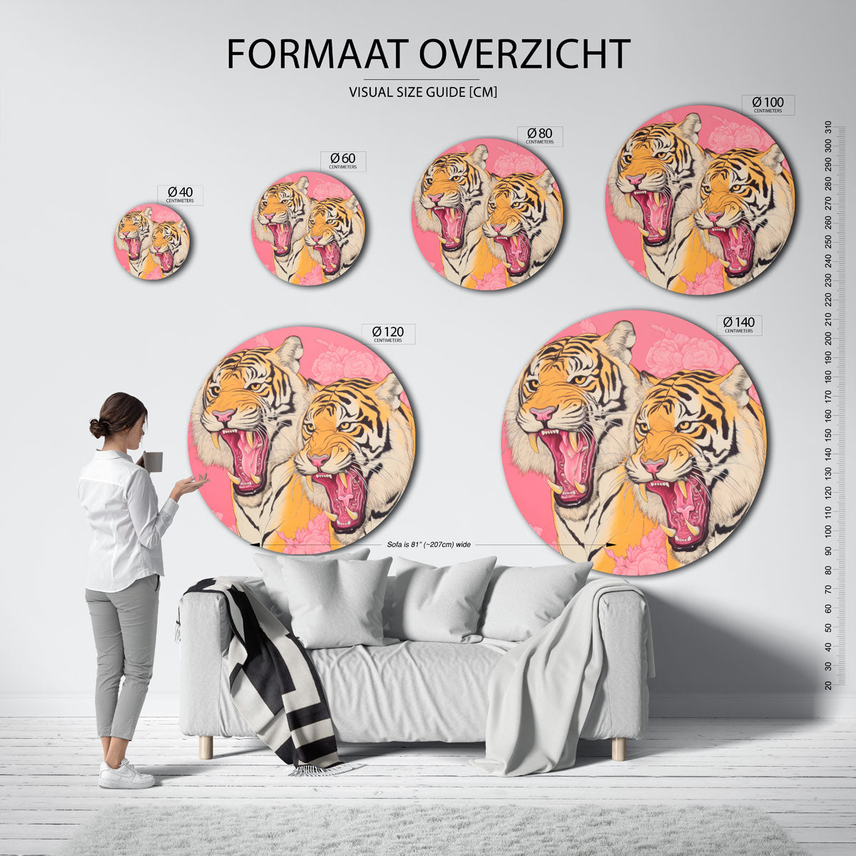 Tijgers op roze achtergrond Muurcirkel