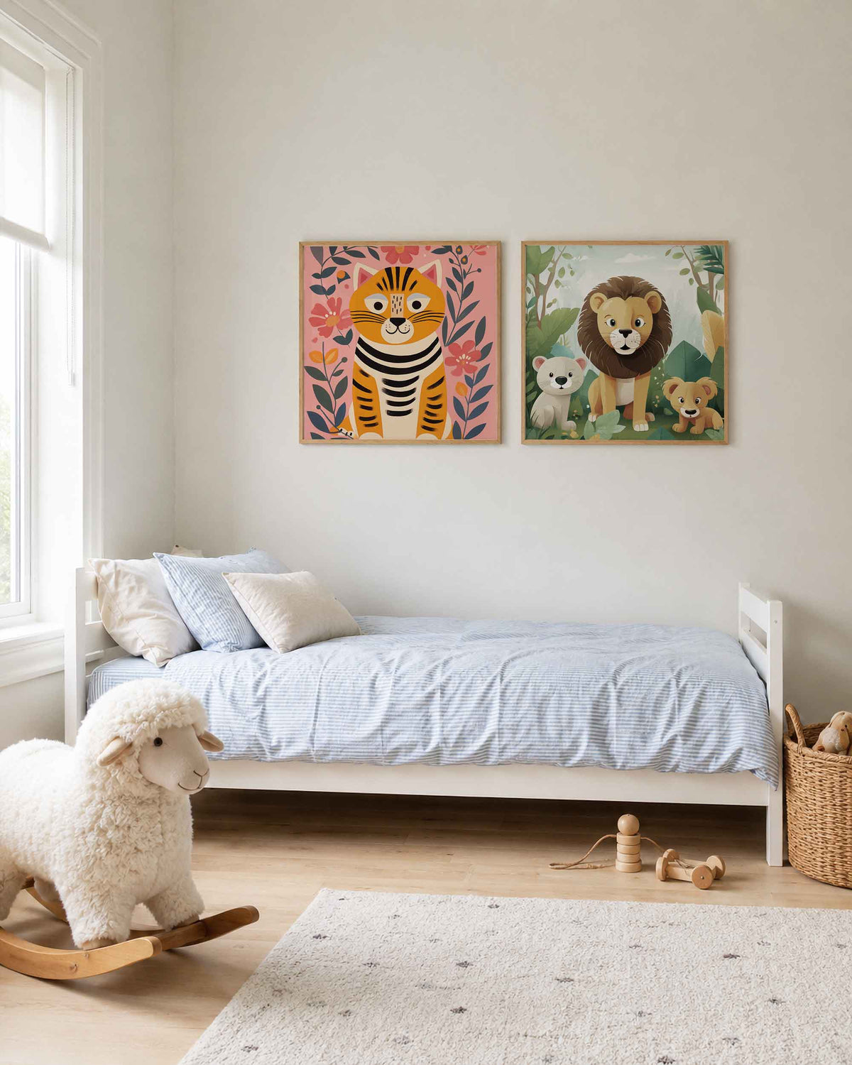 Interieurpresentatie van een tweedelige vierkante posterset met tijger en jungledieren