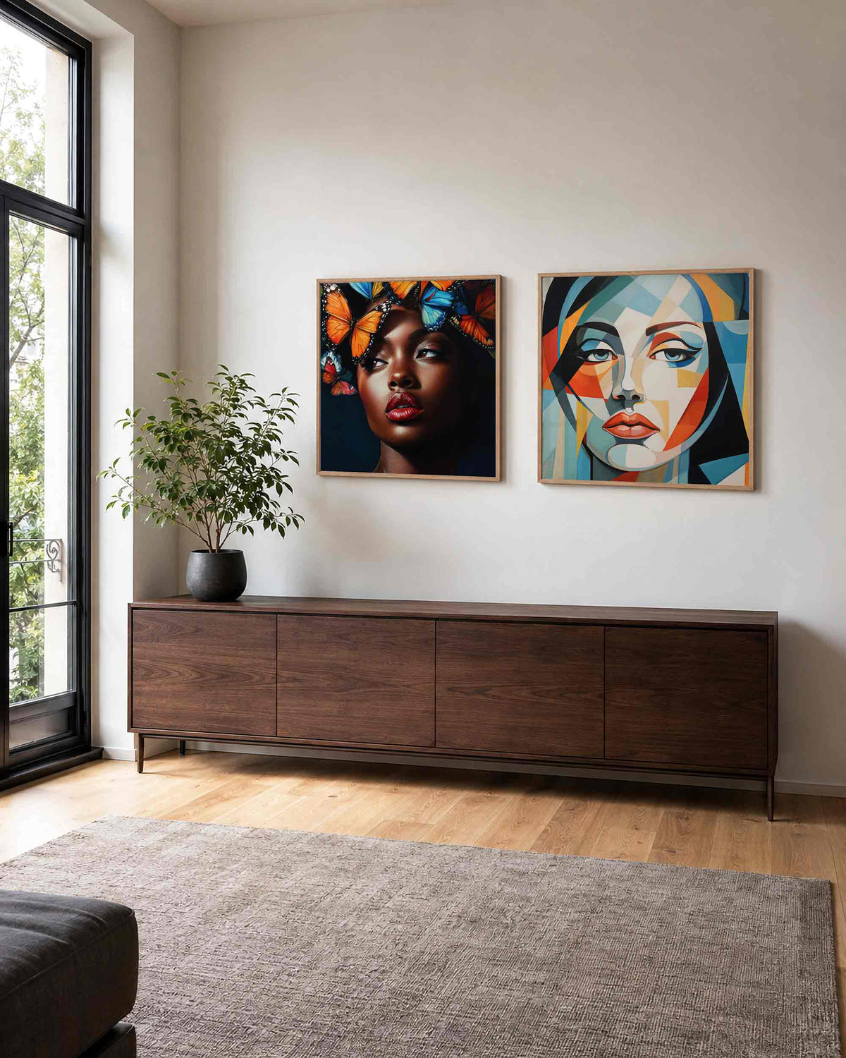 Interieurpresentatie van een tweedelige vierkante posterset met portretten met vlinders
