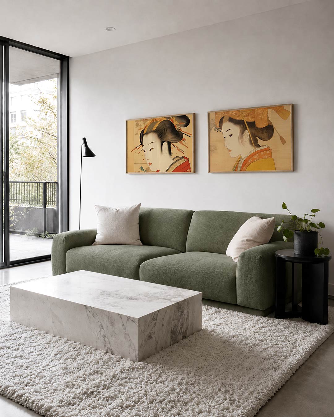 Tweedelige posterset met een lijnportret in zachte kleuren, getoond in een interieur